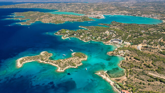 Aerial,Drone,Photo,Of,Hinitsa,Bay,And,Porto,Heli,,A