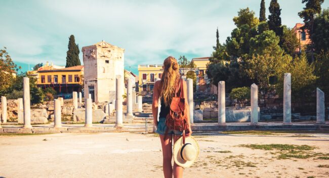 Travel,In,Greece-,Ancient,Agora,In,Athens,,Traveler,Woman,,Young