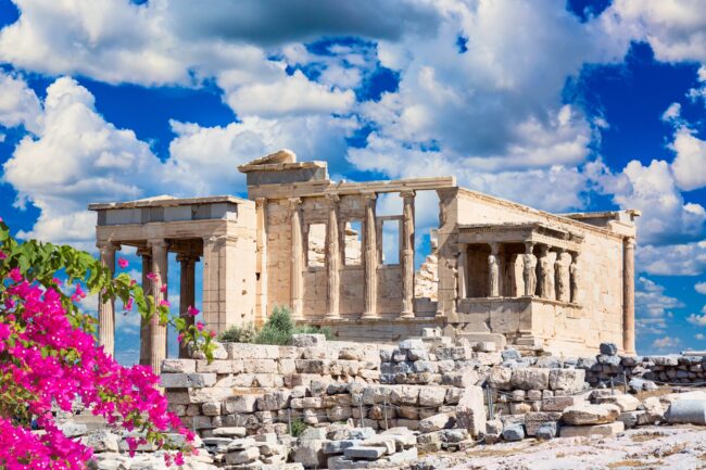 Ancient,Erechtheion,Or,Erechtheum,Temple,With,Caryatid,Porch,And,Pink