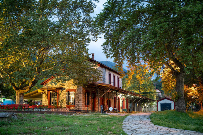 Old,Train,Station,Of,Kalavrita,In,Greece,After,Nightfall